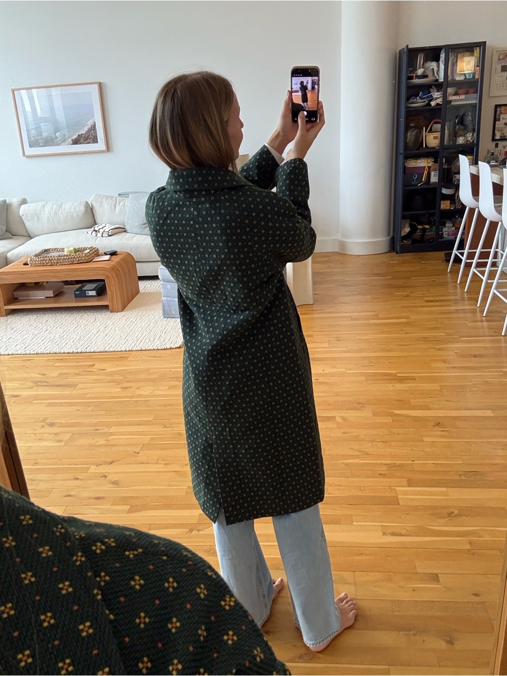 DONNI. Dark Green Daisy Coat with Yellow and Orange Accent Dots - Picture 3 of 11